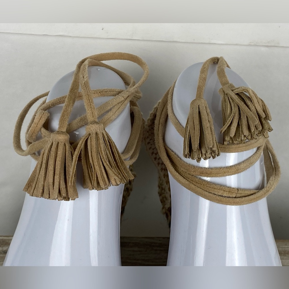 J. Crew Baja desert canyon Suede Flat Espadrilles Sz 9 Lace Up Ankle Ties Beige - Picture 8 of 12